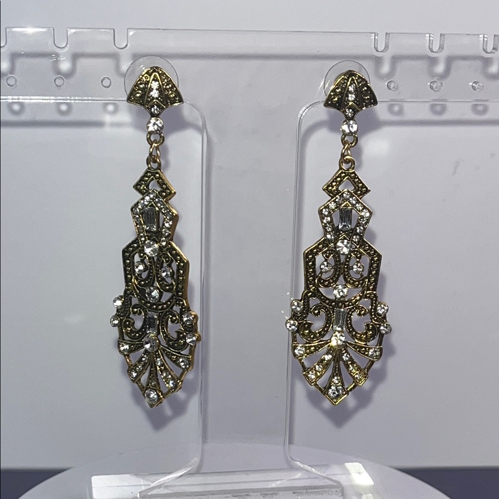 Elegant Art Deco Gold and Rhinestone Dangle Earrings